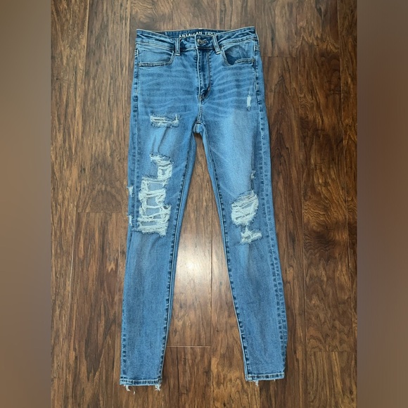 AE Women’s 360 Next Level Stretch Super Hi-Rise Distressed Jegging - Blue - 6 - Picture 1 of 7